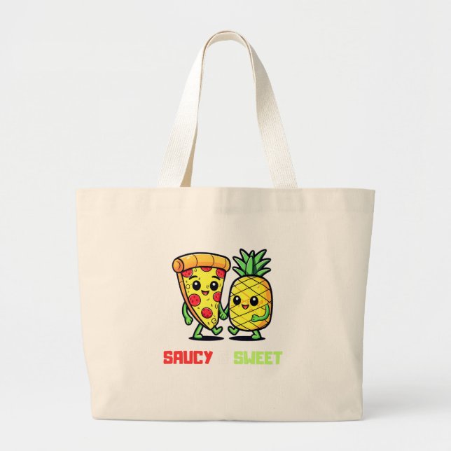 Funny Cute Kawaii Pizza Pineapple Friends Saucy Large Tote Bag (Front)