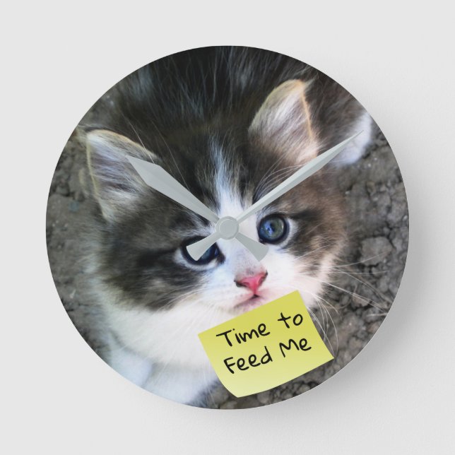 FUNNY! Cute Kitten with Customizable Text Round Clock (Front)