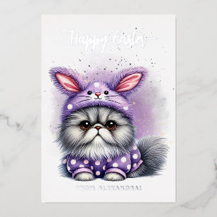 Funny Cute Kitty Bunny Costume Purple Happy Easter Foil Holiday Card