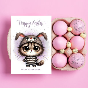 Funny Cute Kitty Bunny Ears Purple Happy Easter Holiday Card
