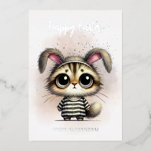 Funny Cute Kitty in Pyjamas Happy Easter Foil Holiday Card