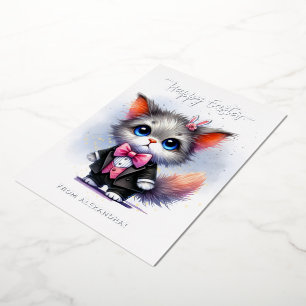 Funny Cute Kitty in Tuxedo Happy Easter Foil Holiday Card