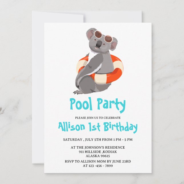 Funny & Cute Koala Swimming Birthday Party  Invitation (Front)