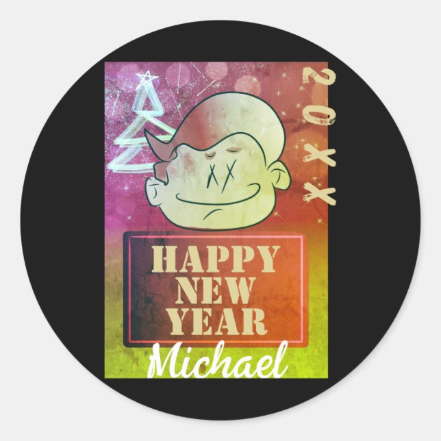 Funny Cute Little Cartoon Boy Happy New Year T Shi Classic Round Sticker (Front)