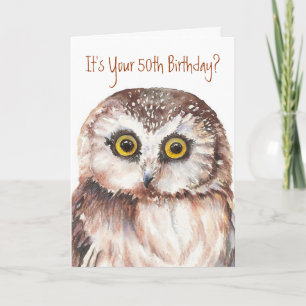 Funny-Cute Little Owl, 50th Birthday Card