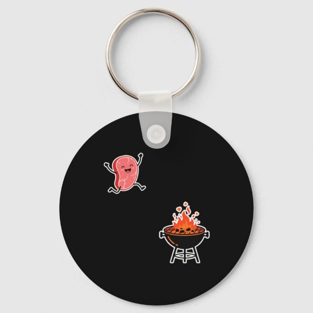 Funny Cute Meat Jumping Into Bbq Grill Humour Keychain (Front)