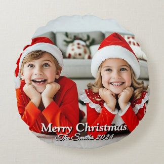 Funny, Cute, Modern Family Photo Christmas Round Pillow