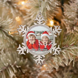 Funny, Cute, Modern Family Photo Christmas Snowflake Pewter Christmas Ornament