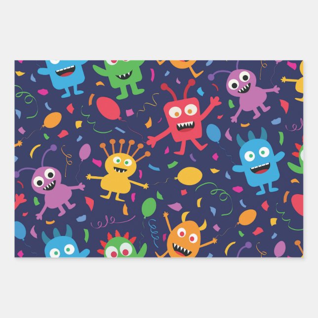 Funny Cute Monsters Pattern with Balloons  Wrapping Paper Sheet (Front)