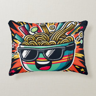 Funny Cute Noodle Cartoon Ramen Bowl Accent Pillow