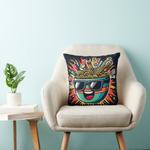 Funny Cute Noodle Cartoon Ramen Bowl Throw Pillow