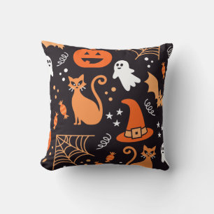 Funny Cute Orange Black Halloween Symbols Pattern Throw Pillow