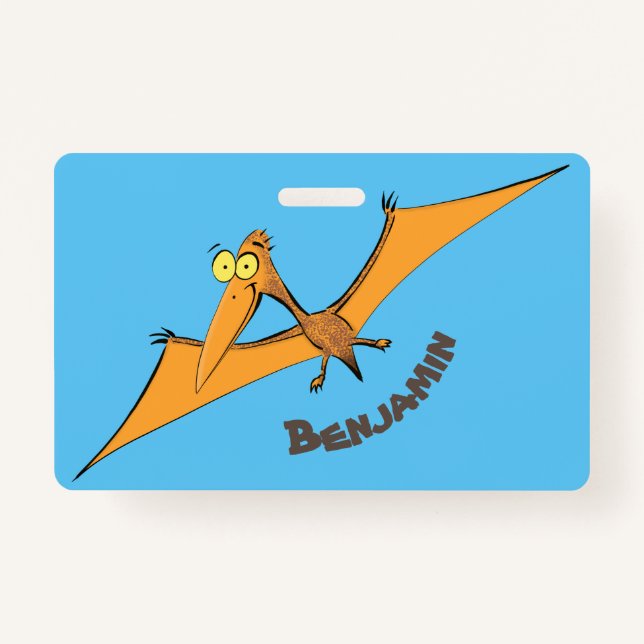 Funny cute orange flying pterodactyl cartoon badge (Front)