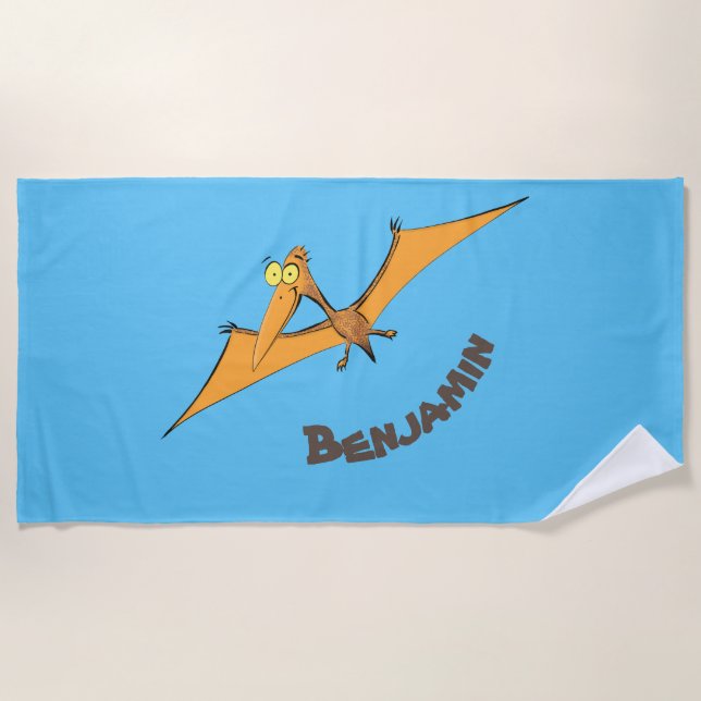 Funny cute orange flying pterodactyl cartoon beach towel (Front)