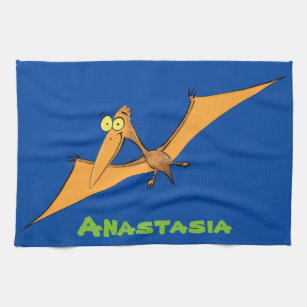 Funny cute orange flying pterodactyl cartoon kitchen towel