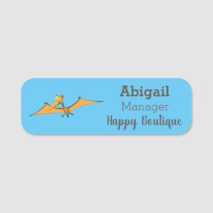 Funny cute orange flying pterodactyl cartoon name tag
