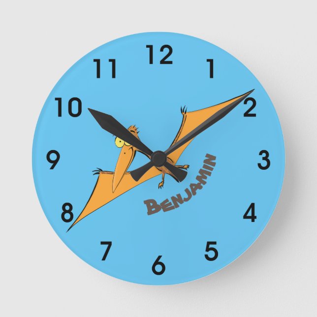 Funny cute orange flying pterodactyl cartoon round clock (Front)