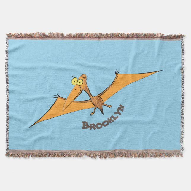 Funny cute orange flying pterodactyl cartoon throw blanket (Front)