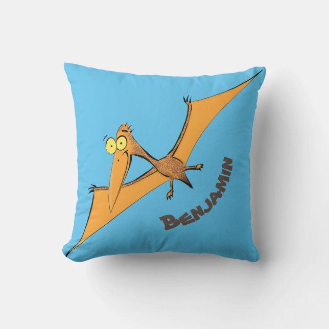 Funny cute orange flying pterodactyl cartoon throw pillow (Front)