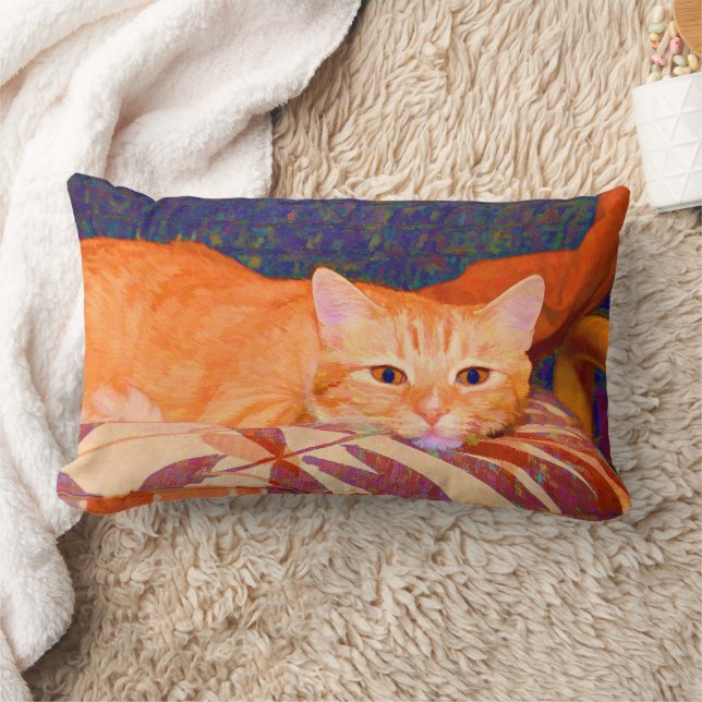 Funny Cute Orange Tabby Cat Lumbar Pillow (Blanket)