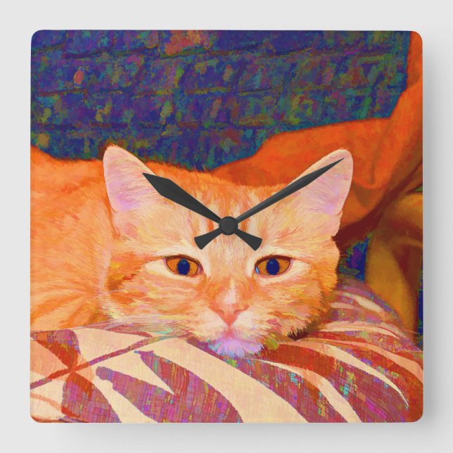 Funny Cute Orange Tabby Cat Square Wall Clock (Front)