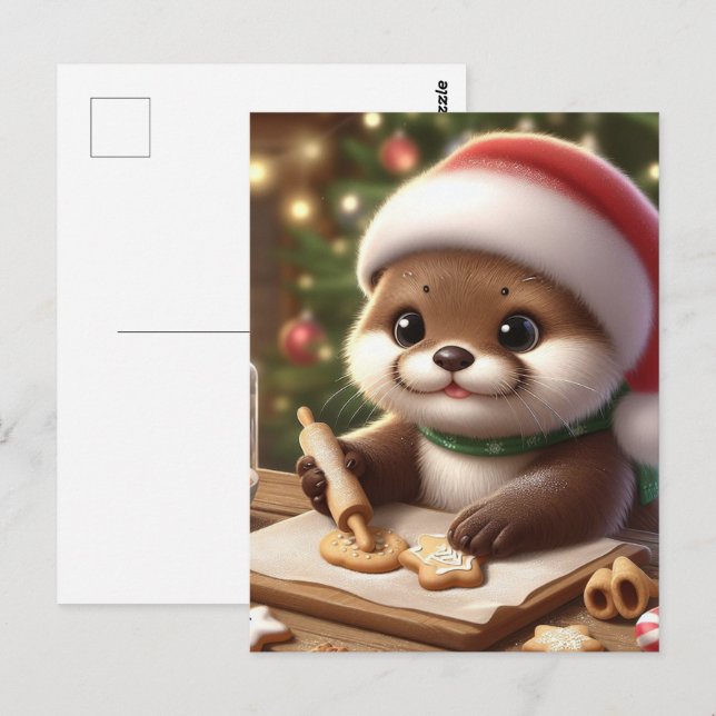 Funny Cute Otter Baking Christmas Cookies Postcard (Front/Back)