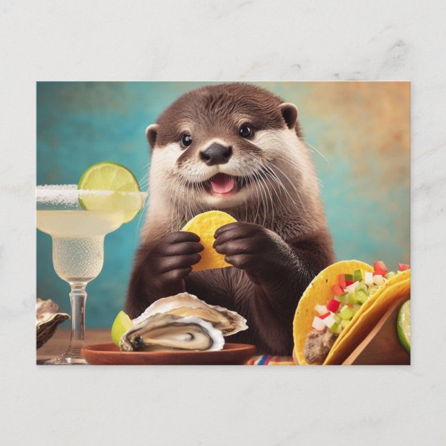 Funny Cute Otter With Osyster Tacos and Margarita Postcard (Front)