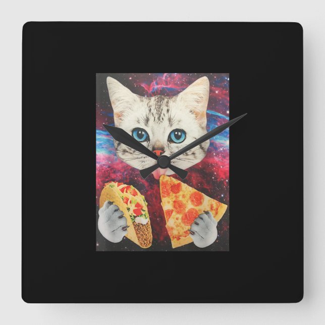 Funny Cute Outer Space Galaxy Cat Meme Pizza Taco Square Wall Clock (Front)