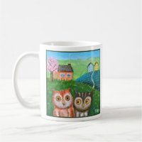 Funny Cute Owls Folk Art Country Landscape Hills