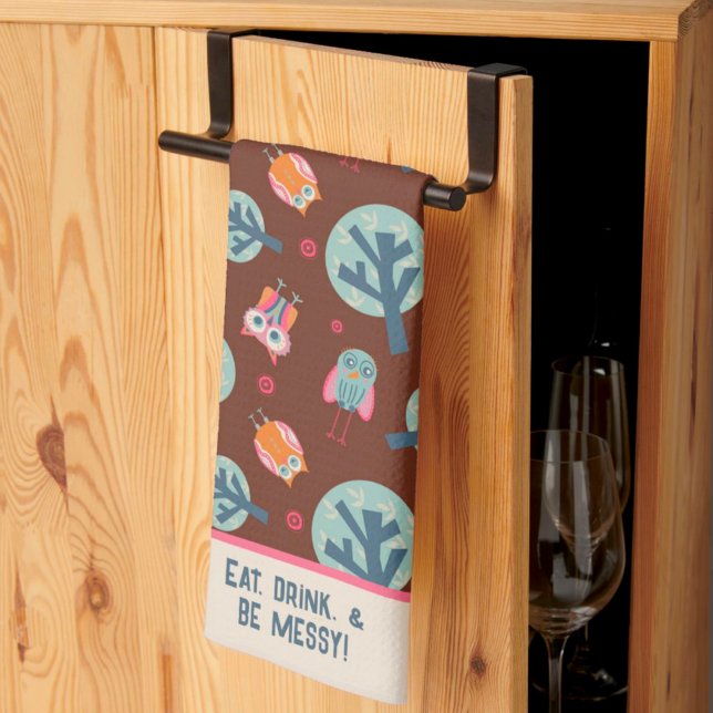 Funny Cute Owls Pattern Personalized Quote or Name Kitchen Towel (Creator Uploaded)