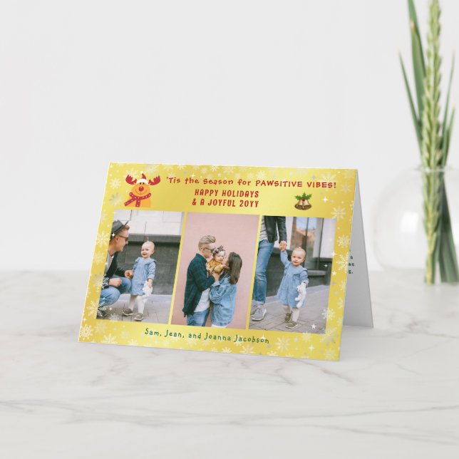 Funny Cute Pawsitive Rudolph 3 Photos Minimalist  Holiday Card (Front)