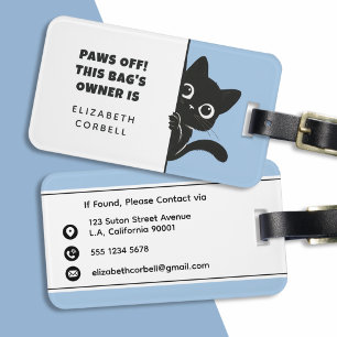 Funny Cute Peeking Black Cat Blue and White Luggage Tag