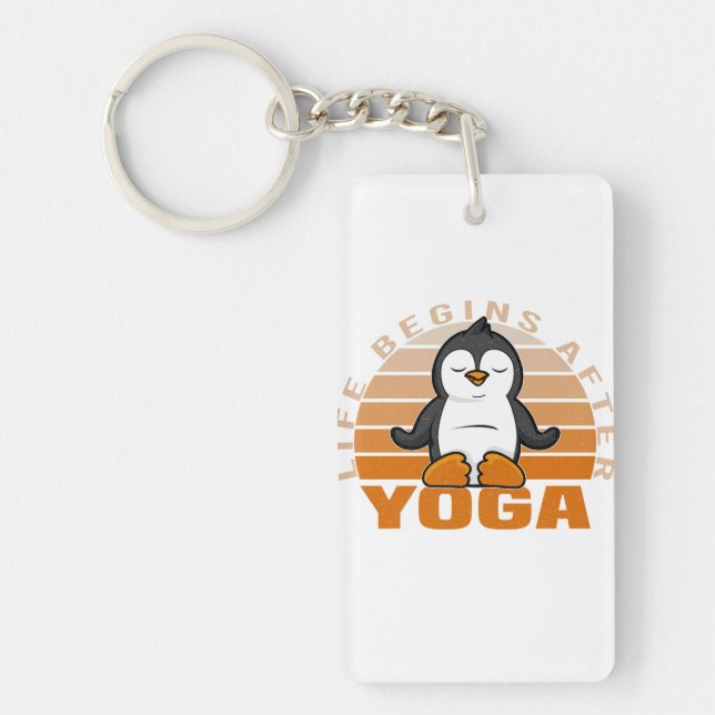 Funny cute penguin doing yoga. funny yoga poses keychain (Front)