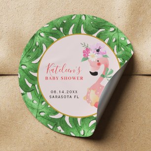 Funny cute pink flamingo baby shower blush classic round sticker