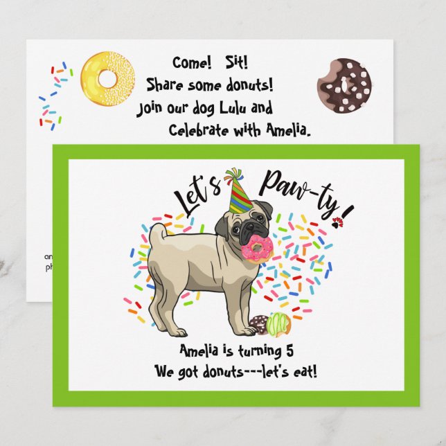 Funny Cute Pug Pet Dog Doughnuts Birthday Party Invitation (Front/Back)