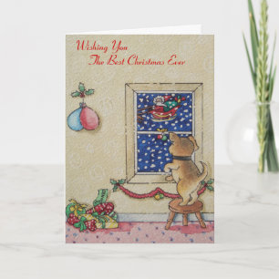 Funny cute puppy and father Christmas sleigh Holiday Card
