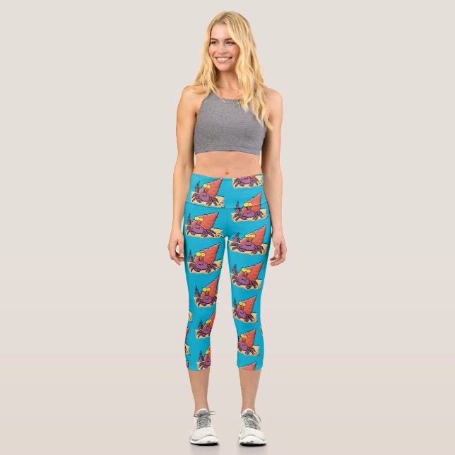 Funny cute purple cartoon hermit crab capri leggings (Front)