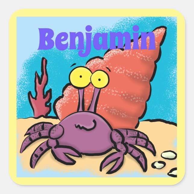 Funny cute purple cartoon hermit crab square sticker (Front)