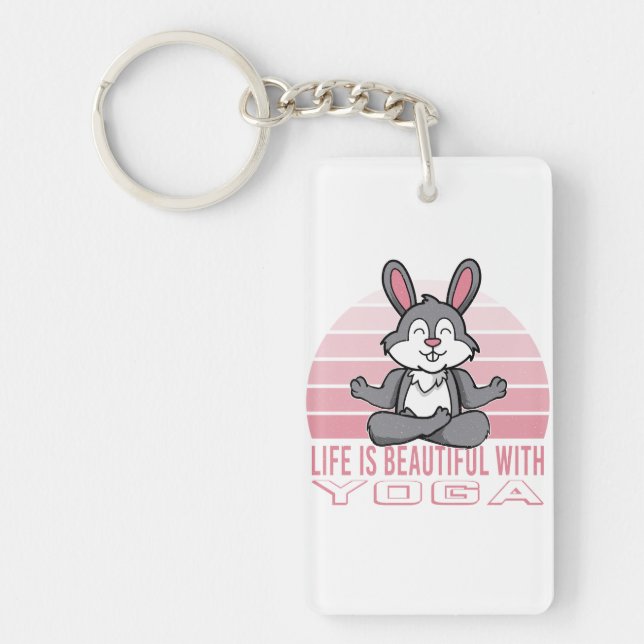 Funny cute rabbit doing yoga. funny yoga poses keychain (Front)