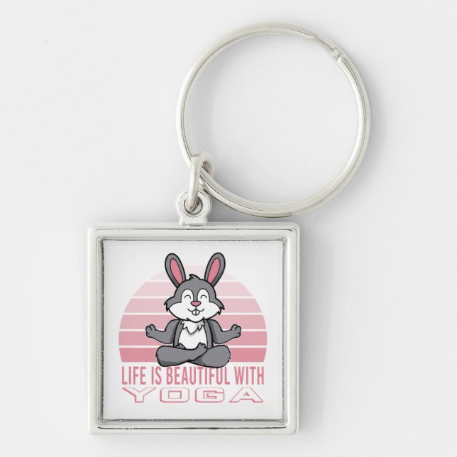 Funny cute rabbit doing yoga. funny yoga poses keychain (Front)