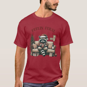Funny Cute Raccoon Feelin Feral Christmas  T-Shirt