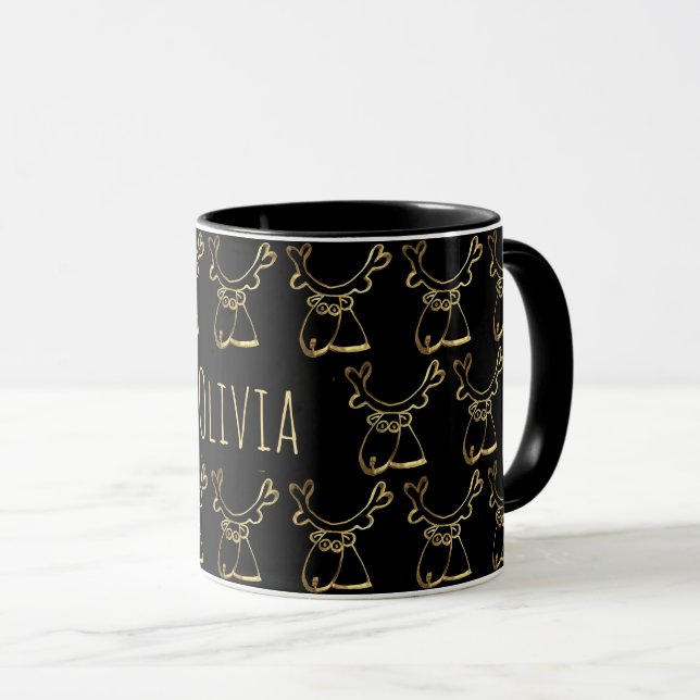 Funny Cute Reindeer Pattern Black Faux Gold Mug (Front Right)