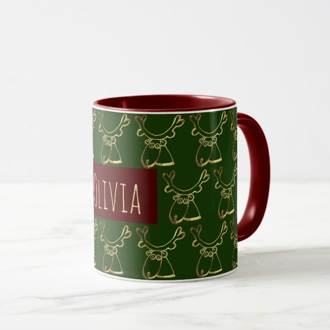 Funny Cute Reindeer Pattern Maroon Green Faux Gold Mug (Front Right)
