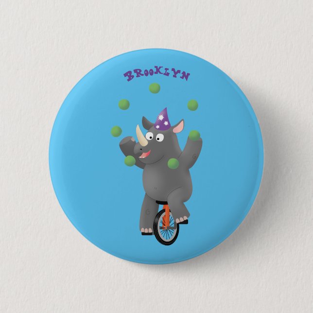 Funny cute rhino juggling on unicycle 2 inch round button (Front)