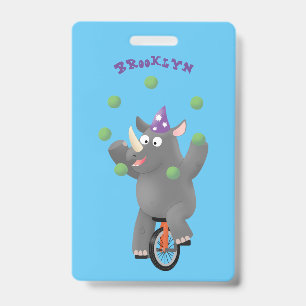 Funny cute rhino juggling on unicycle badge