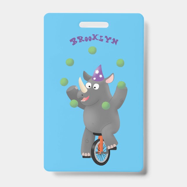 Funny cute rhino juggling on unicycle badge (Front)