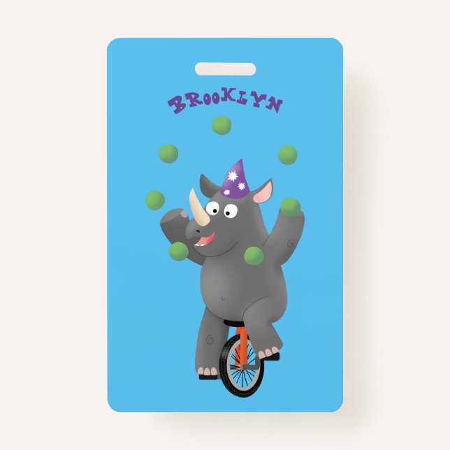 Funny cute rhino juggling on unicycle badge (Front)