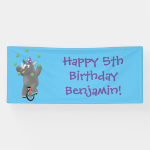 Funny cute rhino juggling on unicycle banner