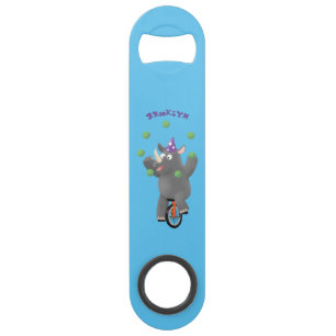 Funny cute rhino juggling on unicycle bar key