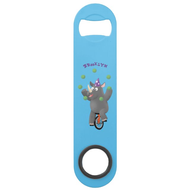 Funny cute rhino juggling on unicycle bar key (Front)